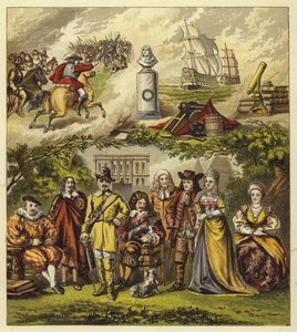 Stuarts, Commonwealth i House of Orange; King James I, King Charles I, Oliver Cromwell, King Charles II, King James II, William and Mary, Queen Anne autorstwa English School