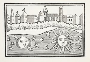 Sun, Moon, Stars and Earth Transposed, ilustracja z książki Chap z XVIII wieku autorstwa Johna Ashtona, wyd. 1882 autorstwa English School