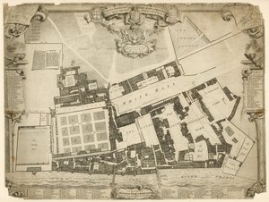 Działka geodezyjna i gruntowa Pałacu Królewskiego w Whitehall, 1680, z kwaterami i apartamentami należącymi do ich Królewskich Mości autorstwa English School