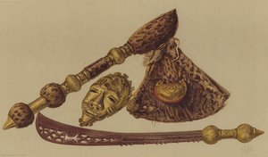 Miecz, topór i złota maska zdobyte podczas Ekspedycji Ashantee (chromolitho) autorstwa English School
