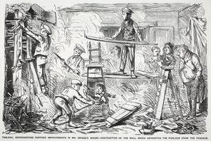 Tableau, przedstawiające kolejne ulepszenia domu pana Briggssa - zniszczenie ściany oddzielającej salon od przejścia, ilustracja z Puncha autorstwa English School