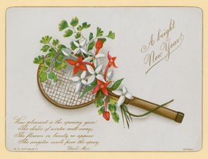 Rakieta tenisowa i kwiaty, karta noworoczna autorstwa English School