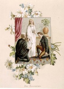 Akcesja królowej Wiktorii, 20 czerwca 1837, ilustracja z książki "Fifty Golden Years" autorstwa pani Craik, wyd. Raphael Tuck autorstwa English School