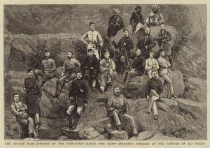 Wojna afgańska, oficerowie pięćdziesiątego pierwszego (królewskiej lekkiej piechoty) zaangażowani w schwytanie Ali Musjida (rycina) autorstwa English School