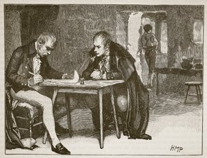 Agenci Wielkiej Brytanii i Szwecji podpisujący traktat przeciwko Napoleonowi, ilustracja z Cassells Illustrated History of England (zdjęcie w sepii) autorstwa English School