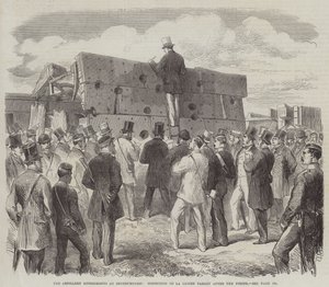Eksperymenty artyleryjskie w Shoeburyness, inspekcja tarczy La Gloire po wystrzeleniu (rytowanie) autorstwa English School
