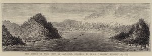 Wojna o Ashantee, Widok Aquidah, ostrzeliwana przez HMS „Druid”, 28 sierpnia 1873 (rycina) autorstwa English School