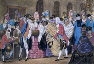 Manufaktura Chleba i Masła, czyli Humory Bagnigge Wells, wyd. Carington Bowles, 1772 99: Styl makaronu; strój tradycyjny; strój tradycyjny; moda; czajnik; kubki; autorstwa English School