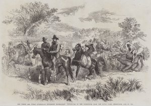 Burke and Wills Australian Exploring Expedition, Wyjazd ekspedycji z Parku Królewskiego, Melbourne, 20 sierpnia 1860 (rycina) autorstwa English School