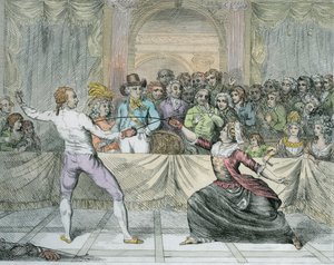 Chevalier dEon, przebrany za kobietę, w meczu szermierczym (późniejsze zabarwienie) autorstwa English School