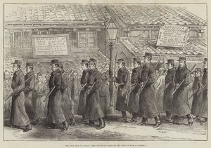 Wojna domowa w Japonii, policjant Yedo udający się do siedziby wojny w Satsuma (rycina) autorstwa English School
