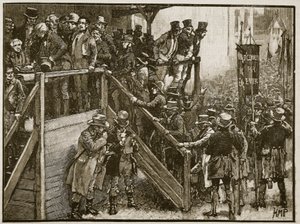 Konkurs Clare: Ojciec Murphy prowadzi swoich lokatorów do głosowania, ilustracja z Cassells Illustrated History of England (zdjęcie w sepii) autorstwa English School