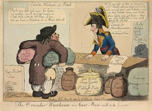 Magazyn konsularny lub wielki człowiek przybity gwoździami do lady, pub. 1802 (grawerowanie ręcznie kolorowane) autorstwa English School