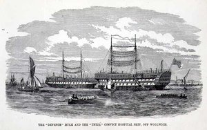 Hulk „Obrona” i statek szpitalny dla więźniów „Unite” przy Woolwich, z „The Criminal Prisons of London and Scenes of Prison Life” Henry