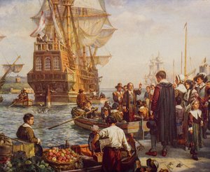 Wyjazd Ojców Pielgrzymów w 1620 r., ilustracja z „Zarysu historii” H.G. Wellsa, tom II, wydanej w 1920 r. autorstwa English School