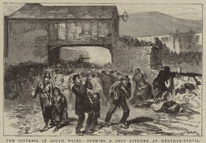 Nieszczęścia w południowej Walii, otwarcie kuchni w Merthyr-Tydvil (rycina) autorstwa English School
