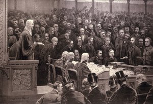 Wydział Izby Gmin w sprawie irlandzkiej zasady autonomii, „The Ayes; 311, Noes; 341”, z „The Illustrated London News”, 6 grudnia 1886 r. autorstwa English School