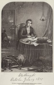 Książę Wellington piszący Depeszę po Waterloo (grawerowanie) autorstwa English School