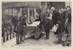 Książę Yorku otwiera drzwi Royal Eye Hospital w południowym Londynie prądem elektrycznym ze sceny Surrey Theatre autorstwa English School
