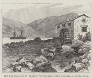 Trzęsienie ziemi w Grecji, młyn wodny koło Argostoli, Kefalonia (rycina) autorstwa English School