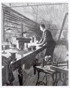 Światło elektryczne, pan Edison (1847-1931) w swoim laboratorium autorstwa English School