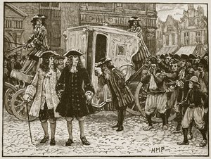 Angielski pełnomocnik obrażony na ulicach Utrechtu, 1712, ilustracja z Cassells Illustrated History of England (zdjęcie w sepii) autorstwa English School