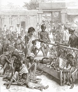 Głód w Indiach: tubylcy czekają na pomoc w Bangalore, październik 1877. autorstwa English School