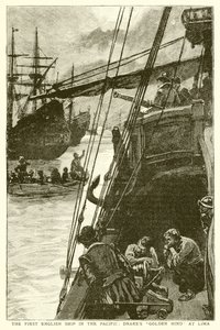 Pierwszy angielski statek na Pacyfiku: Drakes Golden Hind w Limie autorstwa English School
