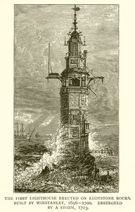 Pierwsza latarnia morska wzniesiona na skałach Eddystone. Zbudowany przez Winstanleya, 1696-1700, zniszczony przez burzę, 1703 autorstwa English School