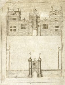 Front of Wilton House, szczegół z Survey of Lands dla 1. hrabiego Pembroke, 1566 (pióro i atrament na welinie) autorstwa English School