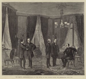 Arbitraż genewski, sala w Hotel de Beau Rivage, gdzie po raz pierwszy spotkali się Arbitrzy (rycina) autorstwa English School