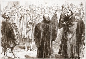 Geneńczycy przysięgający wyrzeczenie się katolicyzmu, ilustracja z Historii protestantyzmu Jamesa Aitkena Wylie (1808-1890), wyd. 1878 autorstwa English School