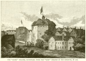 The Globe Theatre, Southwark (z teatrem Rose w oddali), w 1613 autorstwa English School