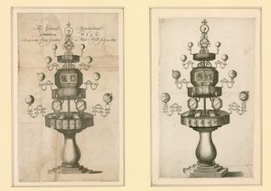 Wielka Piramida i Wielopostaciowa Tarcza ustawiona w Tajnym Ogrodzie w Whitehall, 24 lipca 1669 r. autorstwa English School