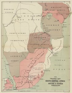 Mapa graficzna Afryki Południowo-Środkowej ukazująca posiadłości brytyjskie i niemieckie (litografia kolorowa) autorstwa English School