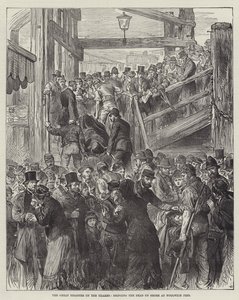 Wielka katastrofa nad Tamizą, sprowadzenie zmarłych na brzeg w Woolwich Pier (rycina) autorstwa English School