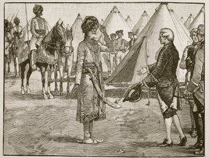 Wielki Moghul wkraczający do obozu angielskiego, 1765, ilustracja z Cassells Illustrated History of England (zdjęcie w sepii) autorstwa English School