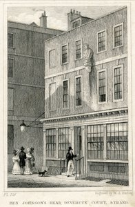 Grecian Coffee House, Devereux Court, Strand, z popiersiem Bena Johnsona (grawerunek) autorstwa English School