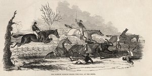 The Harrow Steeple Chase: The Fall at the Brook, z „The Illustrated London News”, 26 kwietnia 1845 autorstwa English School