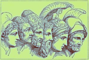 Bohaterowie wojny trojańskiej: Paryż, Diomedes, Odyseusz, Nestor, Achilles, Agamemnon, ilustracja z Ilustrowanej Historii Świata, wydanej ok. 1880 r. (obraz ulepszony cyfrowo) autorstwa English School