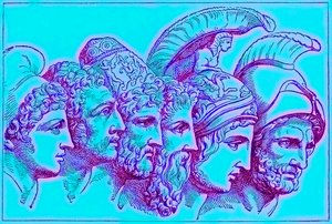 Bohaterowie wojny trojańskiej: Paryż, Diomedes, Odyseusz, Nestor, Achilles, Agamemnon, ilustracja z Ilustrowanej Historii Świata, wydanej ok. 1880 r. (obraz ulepszony cyfrowo) autorstwa English School