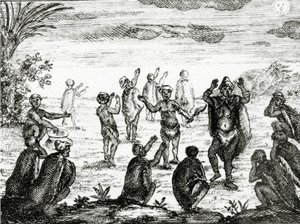 Hotentoci czczą Księżyc, ilustracja z „Obecnego stanu Przylądka Dobrej Nadziei” Petera Kolba, opublikowana w 1731 r. autorstwa English School