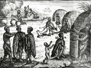 Hotentoci uwielbiają pewnego owada, ilustracja z „Obecnego stanu Przylądka Dobrej Nadziei” Petera Kolba, wydana w 1731 r. autorstwa English School
