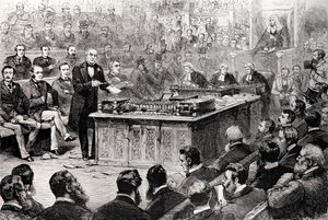 4-р сарын 8-ны Пүрэв гарагт Нийтийн танхим: 1886 оны 4-р сарын 17-ны "The Illustrated London News" сэтгүүлээс Ирландын засгийн газрын тухай мэтгэлцээн. autorstwa English School