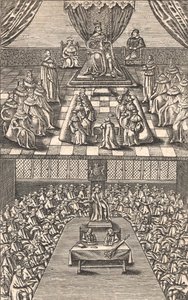 Izba Lordów i Izba Gmin za króla Karola I, ok. 1640 (kolorowy drzeworyt) autorstwa English School