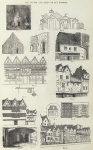 Domy i sklepy Starego Londynu (grawerowanie) autorstwa English School