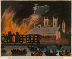 Izba Lordów i Gmin, gdy pojawiły się w ogniu, 16 października 1834 r autorstwa English School