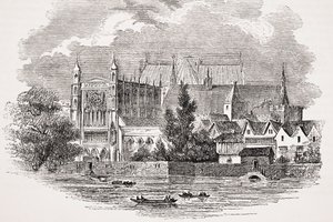 Houses of Parliament od rzeki w czasach Johna Hampdena, z „Starej Anglii Worthies” Lorda Broughama i innych, opublikowane w Londynie, ok. 1880 r. autorstwa English School