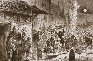 Ikonoklasci w Bazylei płonący obrazy i idole, ilustracja z Historii protestantyzmu Jamesa Aitkena Wylie (1808-1890), wyd. 1878 autorstwa English School