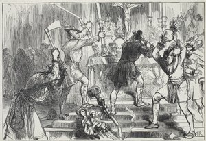Ikonoklasci niszczą obrazy i dekoracje ołtarzowe kościoła rzymskokatolickiego, ilustracja z Historii protestantyzmu Jamesa Aitkena Wylie (1808-1890), wyd. 1878 autorstwa English School